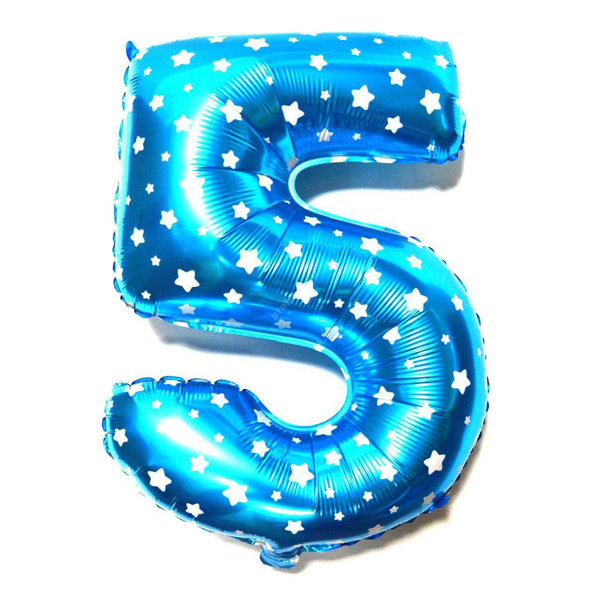 Фольгированная цифра голубая с белыми звездами «пять»