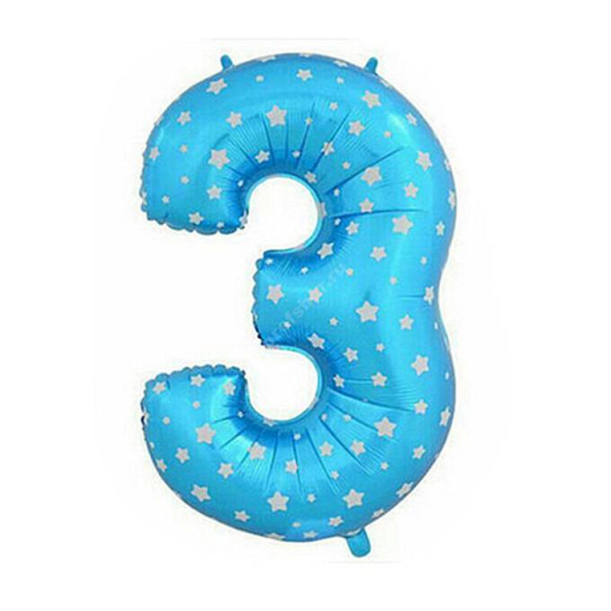 Фольгированная цифра голубая с белыми звездами «три»