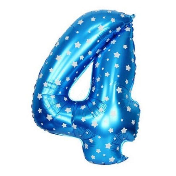 Фольгированная цифра голубая с белыми звездами «четыре»