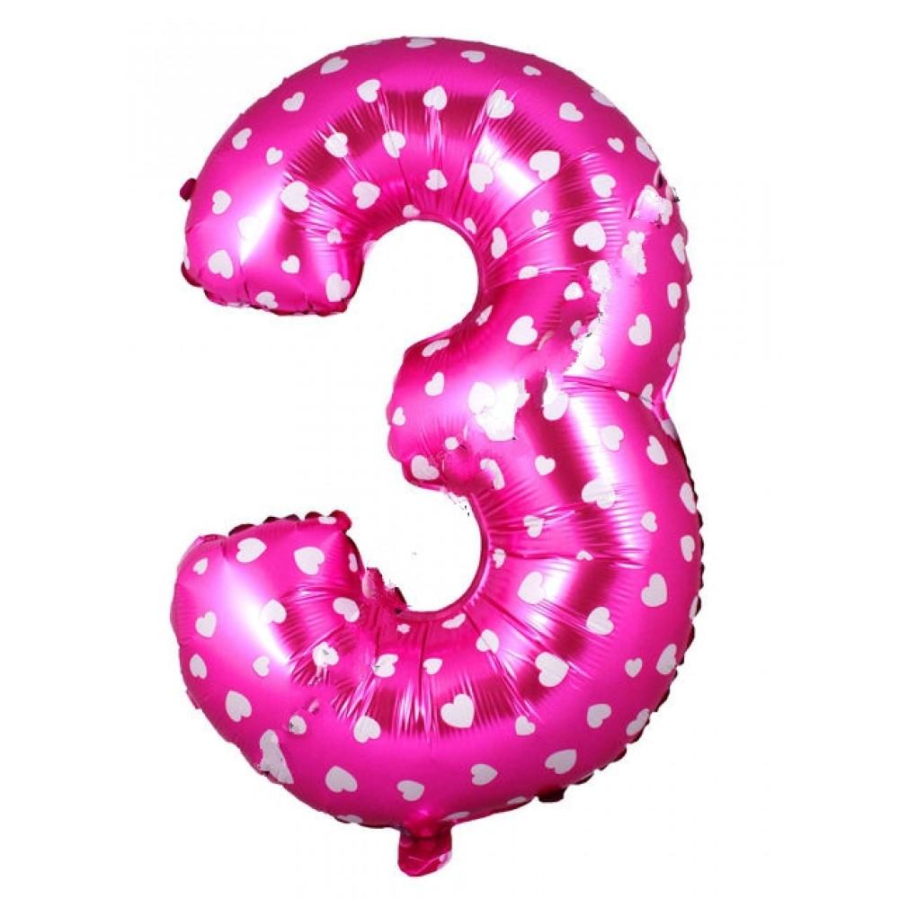 Фольгированная цифра розовая с белым сердечком «три»